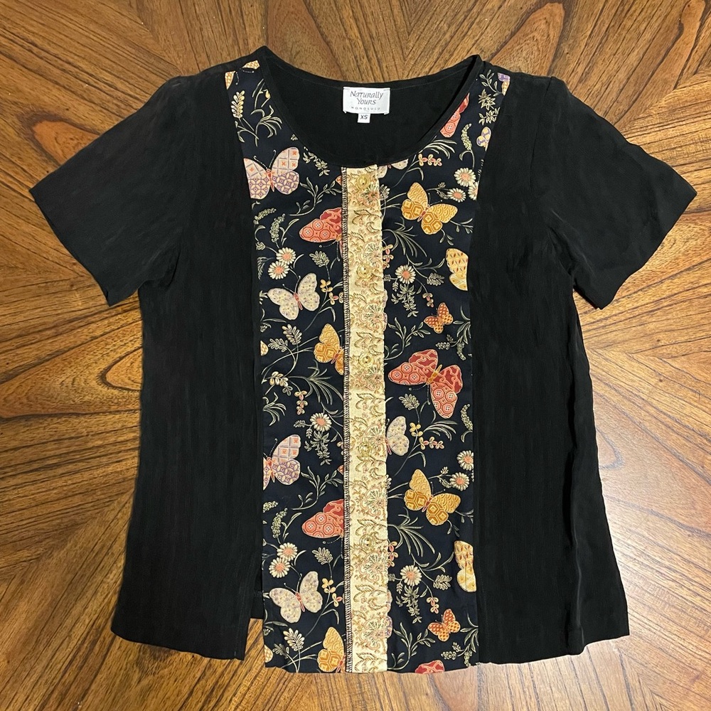 Vintage Women’s Naturally Yours Button Down Blouse Black with Butterflies XS